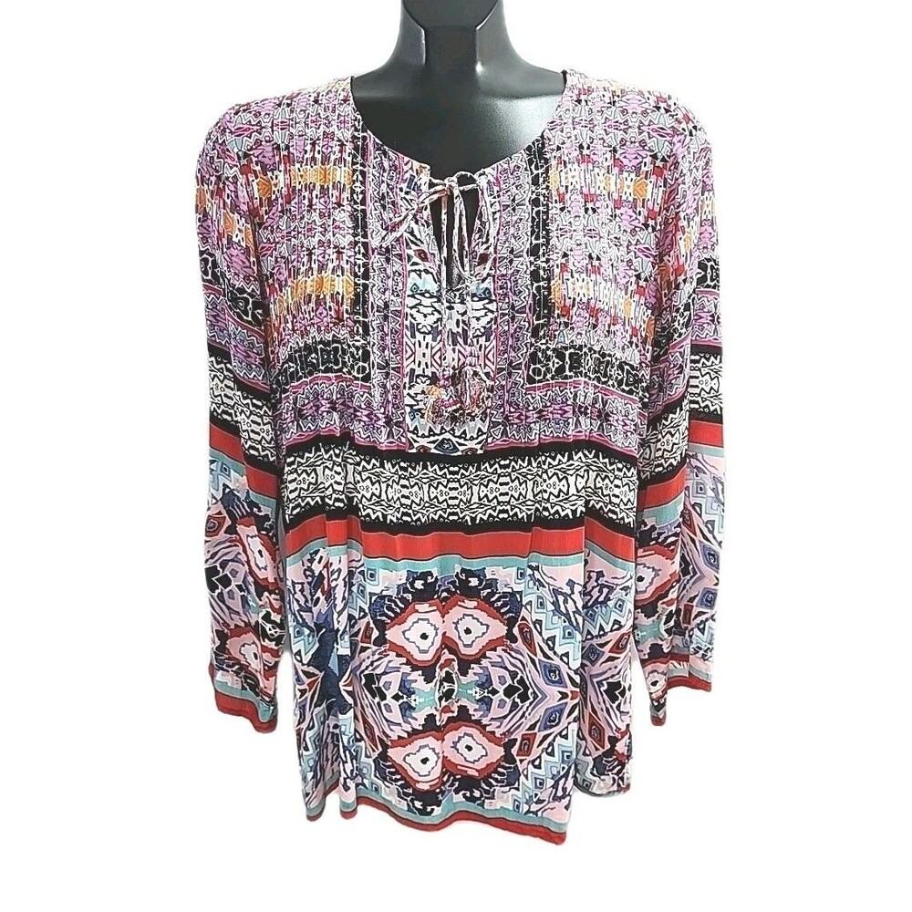 Kyla Seo Blouse Top Boho Southwest Women Sz Large Long Sleeve Purple Red Viscose